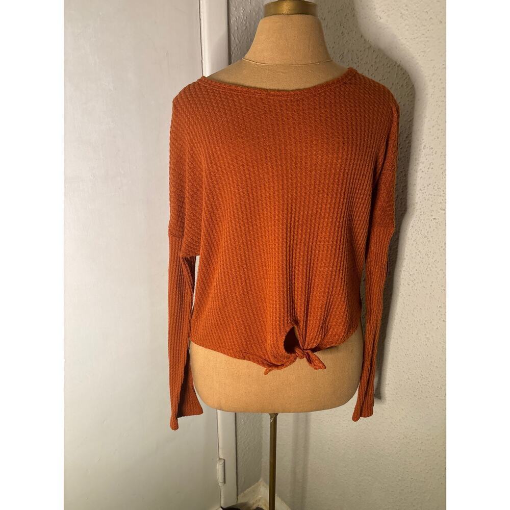Caution To the Wind Thermal Crew Neck Tie Front Crop Top L Casual Boho Twee